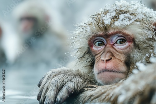 Japanese macaques - Snow Monkeys - at Jigokudani Monkey Park, Yamanouchi, Nagano Prefecture, Japan. Beautiful simple AI generated image photo