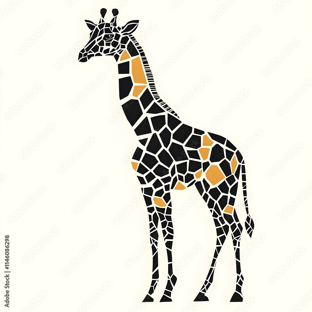 Fototapeta premium A stylized silhouette of a giraffe, showcasing its distinctive patchwork of black and orange patterns against a light background, exuding elegance and grace.