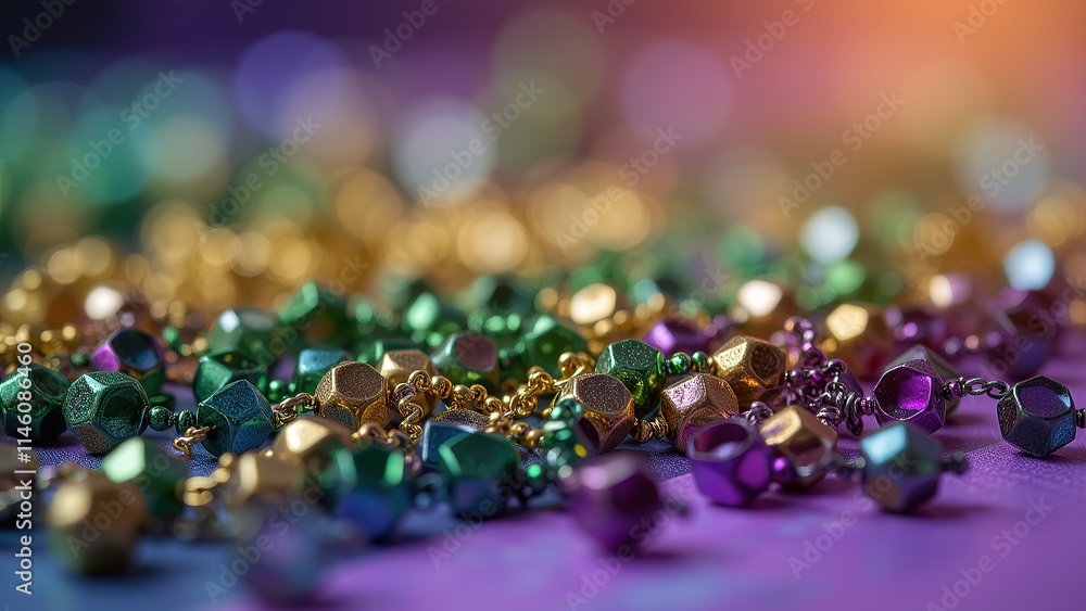 Glittering Mardi Gras beads on reflective surface. Glittering Mardi Gras beads on reflective surface.