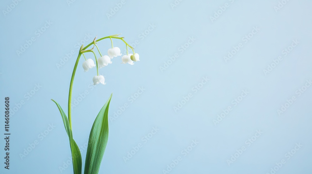 A single white lily of the valley against a soft pale blue background, close-up shot, Minimalist style A single white lily of the valley against a soft pale blue background, close-up shot, Minimalist style