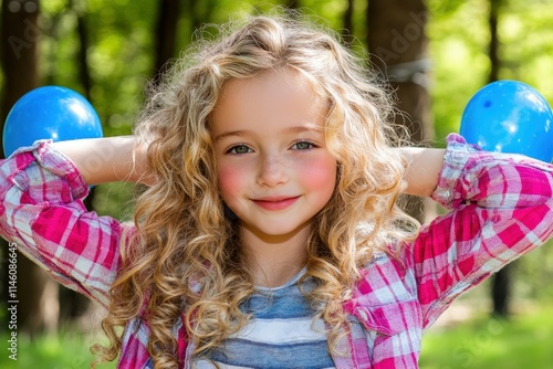 Happy girl jumping with her mouth open and her tongue hanging out. A 6-7 year old child enjoys a carefree childhood. Beautiful simple AI generated image photo