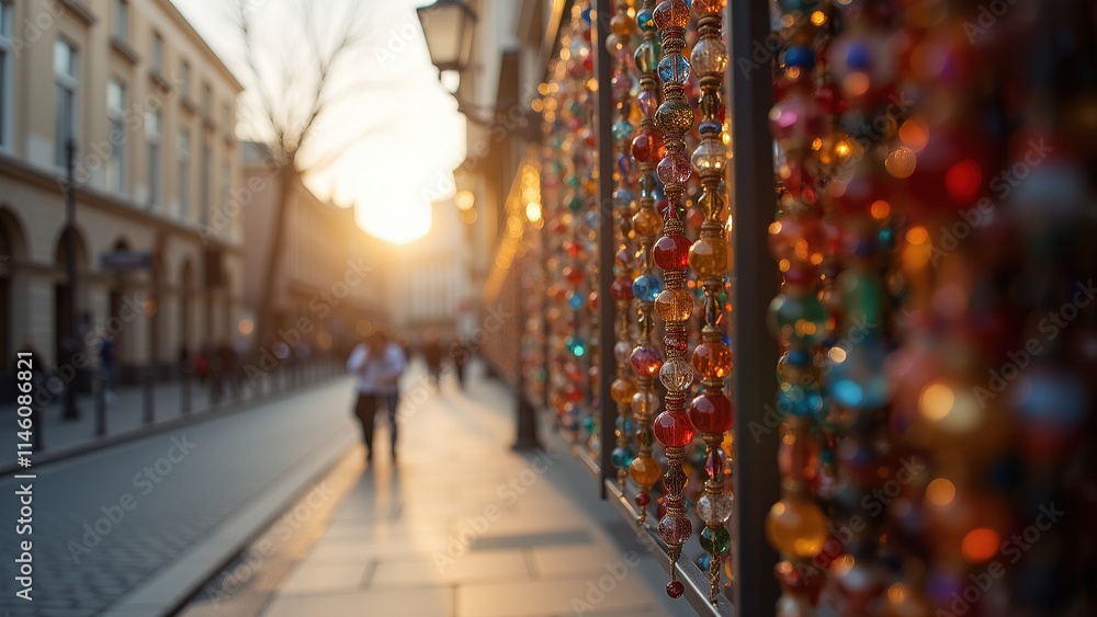 Hanging beads sparkling in sunlight along city street. Hanging beads sparkling in sunlight along city street.