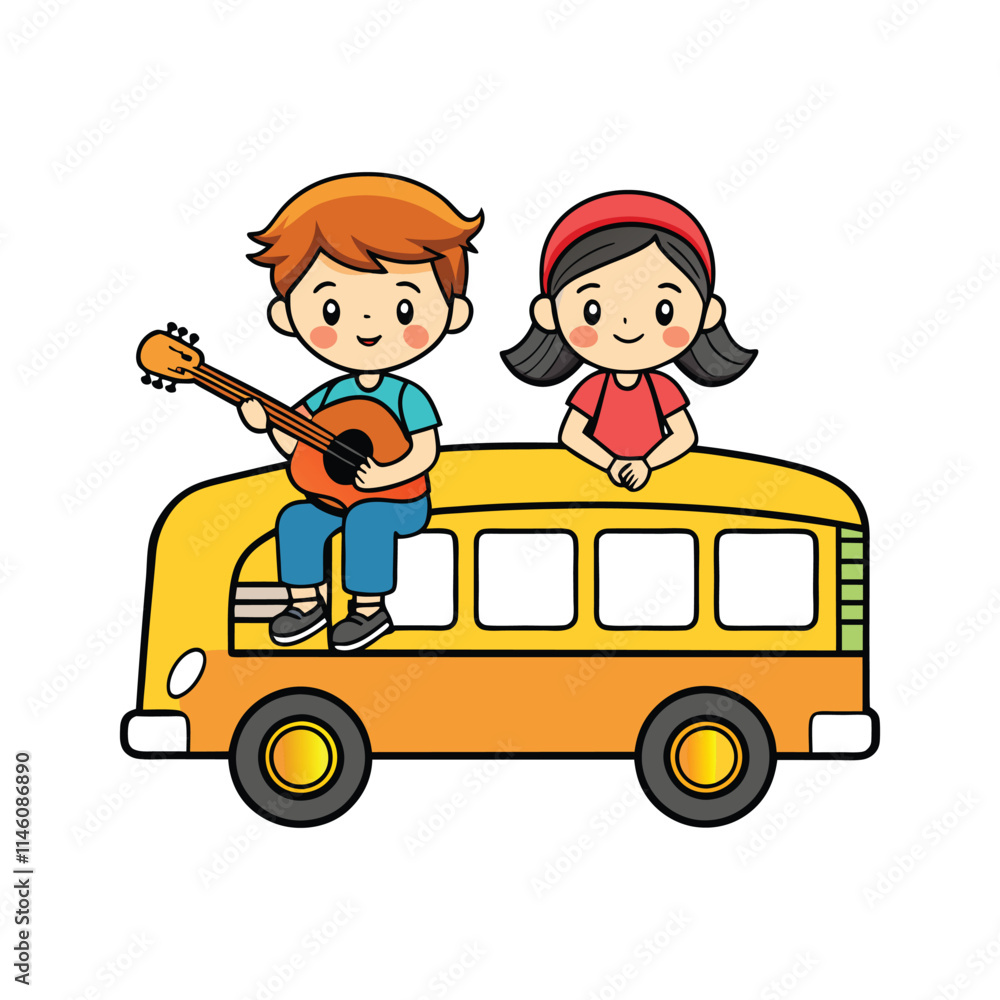 A school boy sitting on the school bus roof and play guitar lonely and often with his partner too A school boy sitting on the school bus roof and play guitar lonely and often with his partner too