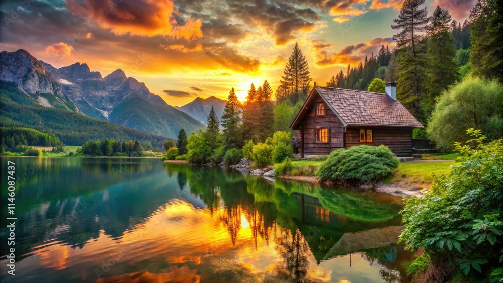 Fototapeta premium Idyllic lake cottage bathed in sunset's glow, mountains rising majestically over tranquil waters and vibrant greenery.