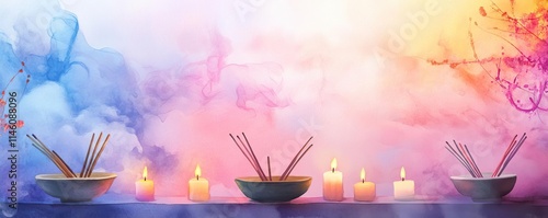 Chinese new year temples concept. Incense sticks burning at temple altar, soft smoke and glowing candles, spiritual warmth, watercolor style