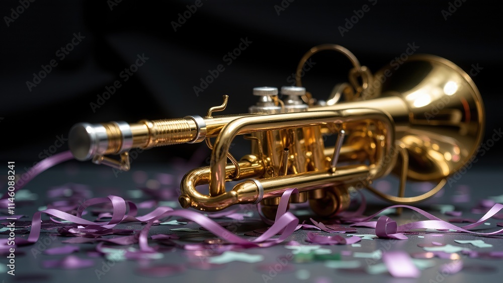 Naklejka premium Golden Trumpet with Confetti on Black Background.