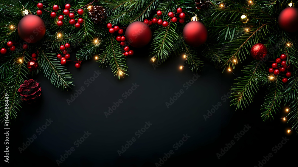 Fototapeta premium Festive Holiday Decorations: Red Ornaments, Pine, Berries, Lights