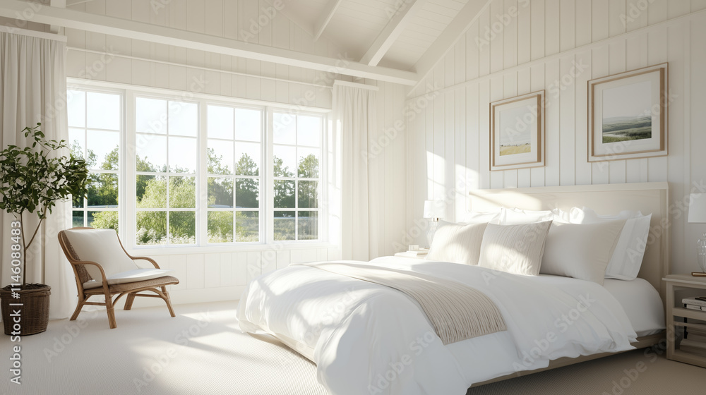 Fototapeta premium Bright and airy modern bedroom with large windows and simple decor in a serene home setting