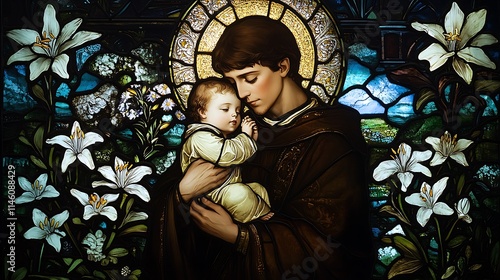 A luminous stained-glass portrayal of Saint Anthony holding baby Jesus, surrounded by delicate lilies and intricate blue and green patterns, soft heavenly light highlighting their forms,