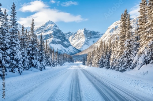 Serene Winter Landscape with Snow-Covered Mountains and Frosty Trees Along a Tranquil Road in a Remote Wilderness Setting photo