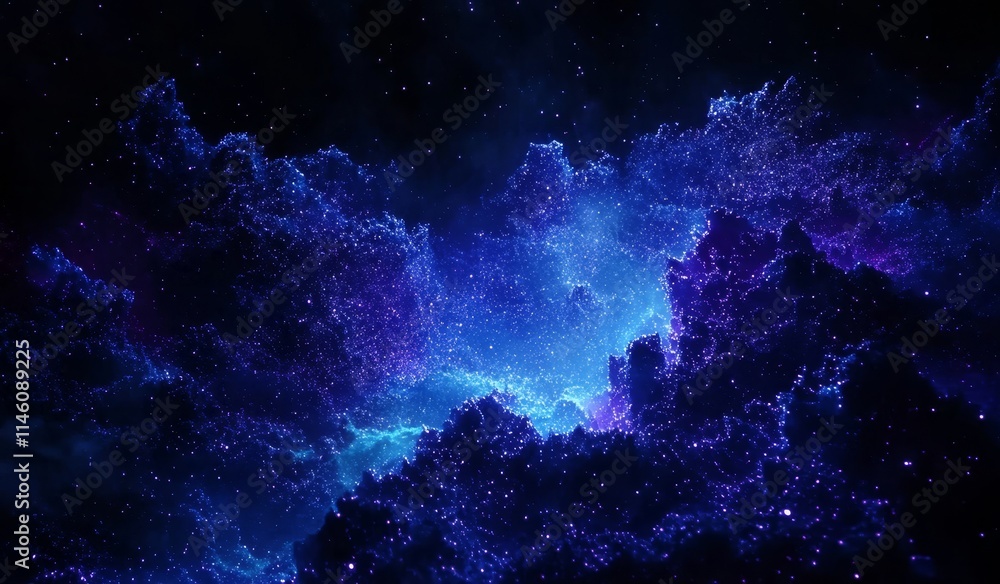 Obraz premium Abstract cosmic nebula with glowing blue and purple clouds, stars, and dark space.