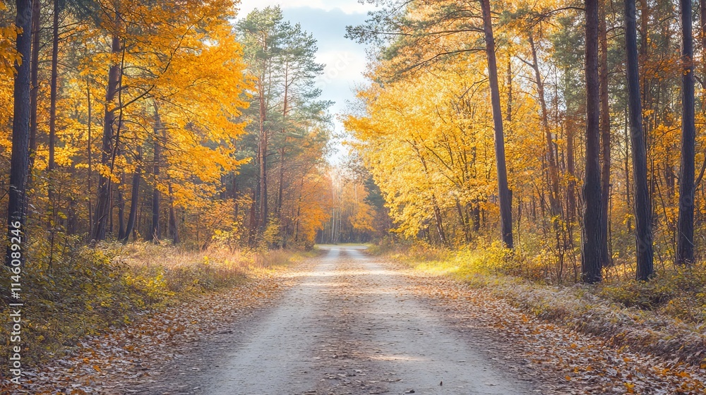 Autumn forest path with golden fall leaves and warm light illuminating vibrant foliage, scenic october landscape with maple trees and leaf-covered road in tranquil nature setting Autumn forest path with golden fall leaves and warm light illuminating vibrant foliage, scenic october landscape with maple trees and leaf-covered road in tranquil nature setting