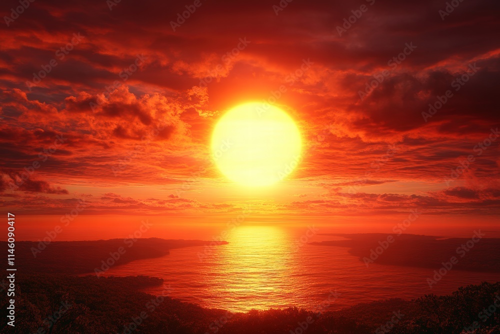 Breathtaking Sunset Over Calm Waters with Fiery Red Sky and Glowing Sun Reflecting on the Ocean Surface Breathtaking Sunset Over Calm Waters with Fiery Red Sky and Glowing Sun Reflecting on the Ocean Surface