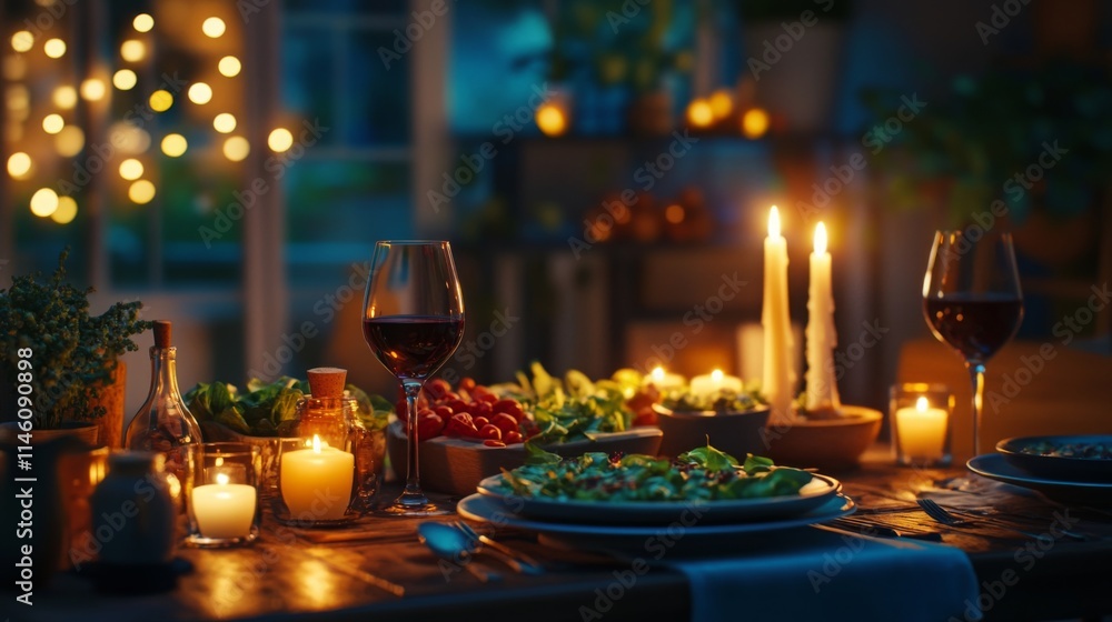 Fototapeta premium A beautifully arranged dinner table features delectable dishes, wine glasses, and candles illuminating the night.