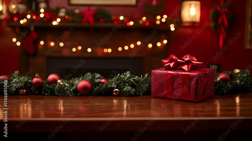 Holiday Gift on Table with Festive Lights Holiday Gift on Table with Festive Lights