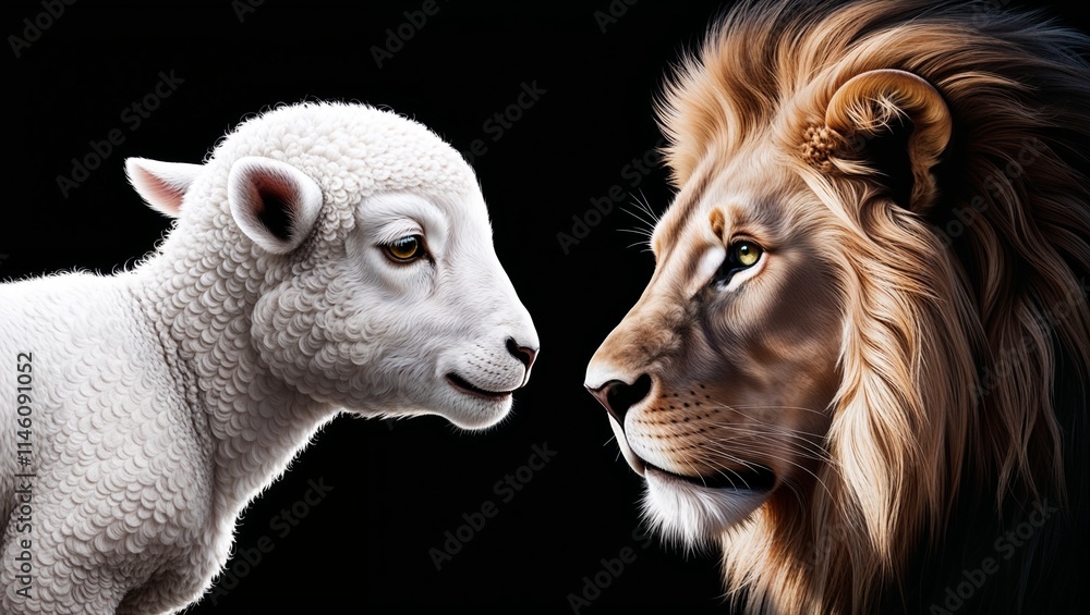 Profile of a White Lamb and Lion Isolated on a White Background, Symbolizing Innocence and Strength in a Powerful, Contrasting Imagery Profile of a White Lamb and Lion Isolated on a White Background, Symbolizing Innocence and Strength in a Powerful, Contrasting Imagery