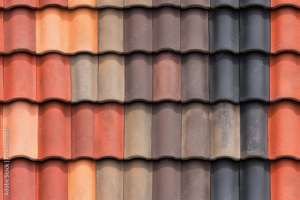 Seamless textured roof made of clay tiles in various shades of red, brown, and gray, showcasing the natural variations and patterns in the tiles. Seamless textured roof made of clay tiles in various shades of red, brown, and gray, showcasing the natural variations and patterns in the tiles.