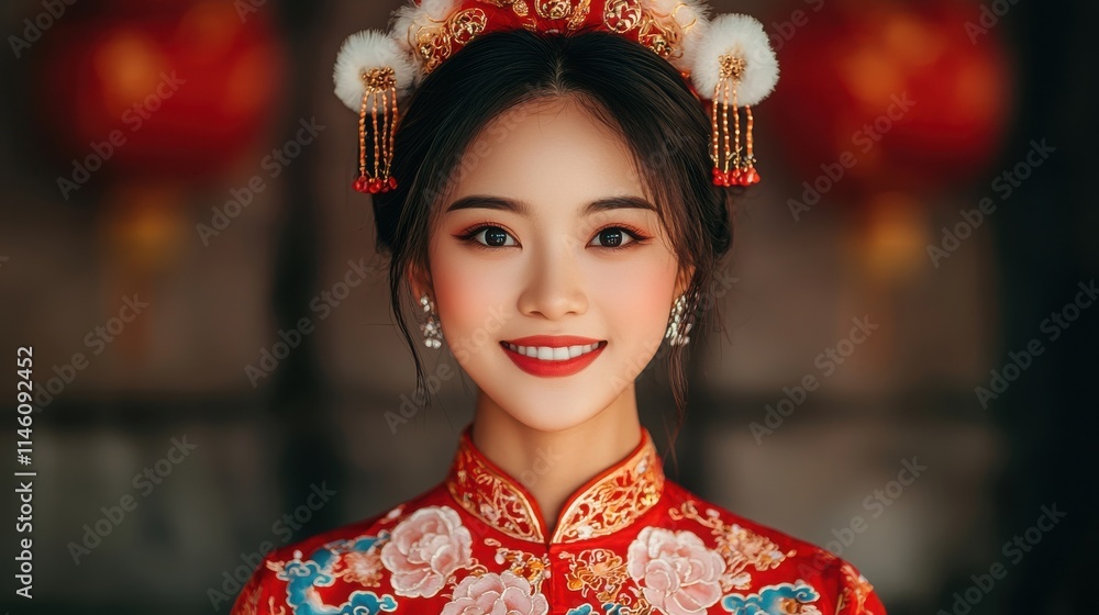 Fototapeta premium A smiling woman in traditional Chinese attire with intricate embroidery and decorative accessories, set against a festive background.