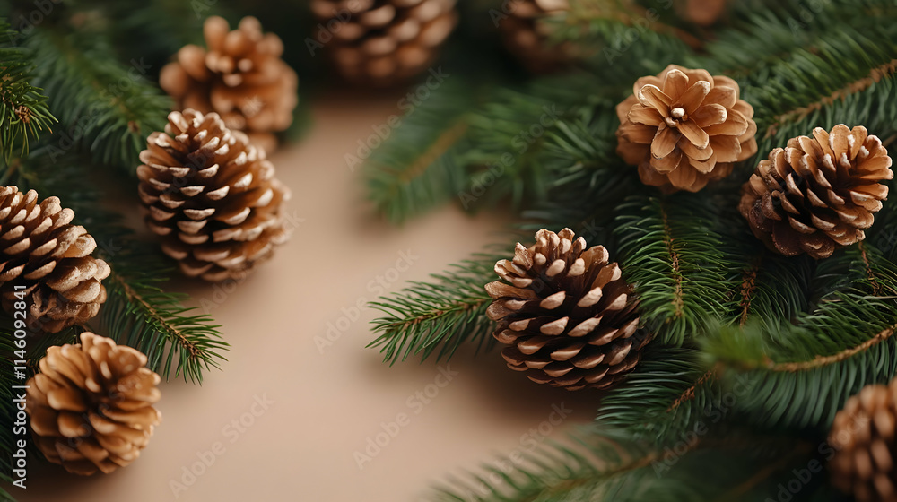 Golden Pine Cones & Evergreen Branches on Neutral Background Golden Pine Cones & Evergreen Branches on Neutral Background