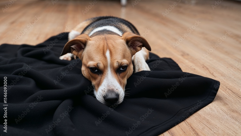 Sad and Depressed Dog Laying on a Black Blanket, Reflecting a Heartfelt Moment of Sorrow and Despair in a Quiet, Solitary Setting Sad and Depressed Dog Laying on a Black Blanket, Reflecting a Heartfelt Moment of Sorrow and Despair in a Quiet, Solitary Setting