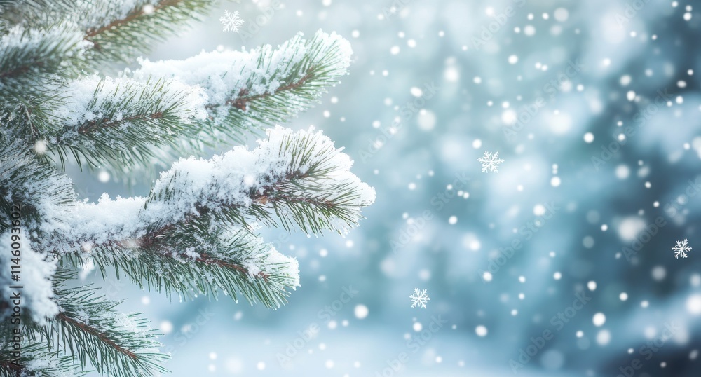 Snow-covered Pine Branch with Soft Bokeh Background and Gentle Snowflakes Falling in a Frosty Winter Wonderland Scene Snow-covered Pine Branch with Soft Bokeh Background and Gentle Snowflakes Falling in a Frosty Winter Wonderland Scene