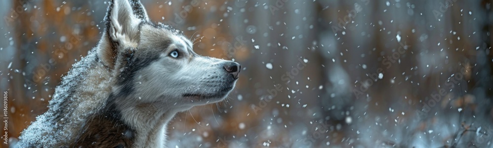 There is a husky dog that is looking up at the sky, animal background, banner, copy space There is a husky dog that is looking up at the sky, animal background, banner, copy space