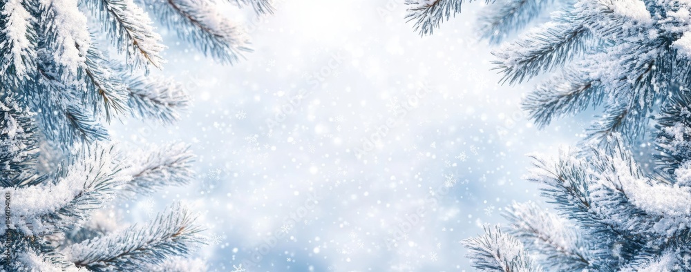 Snow-covered Pine Tree Branches Framing a Soft Blue Sky with Gentle Snowflakes Falling in a Winter Wonderland Scene Capturing the Essence of a Serene Snowy Day