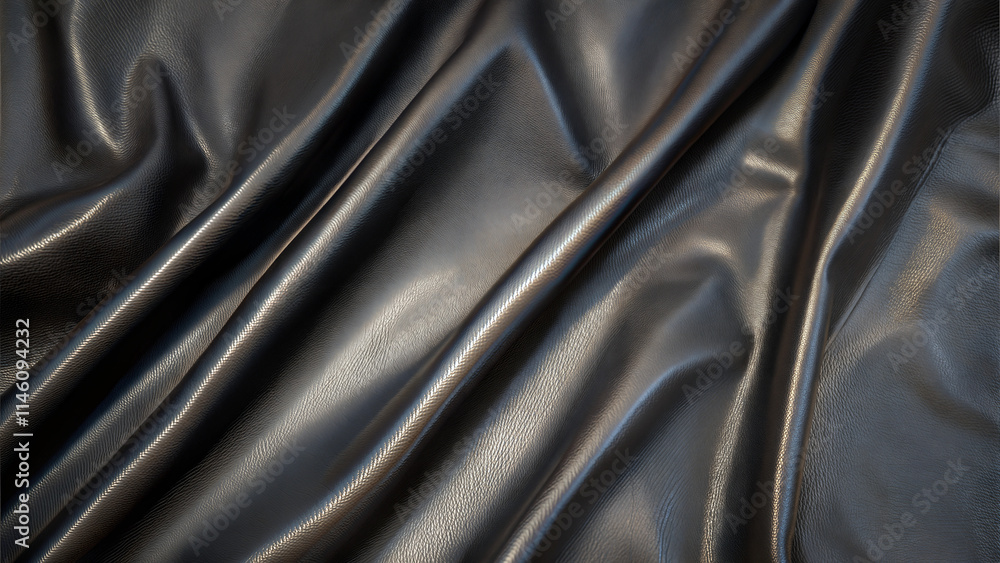 Fototapeta premium Shiny black fabric texture with elegant drapery for fashion design and copy space