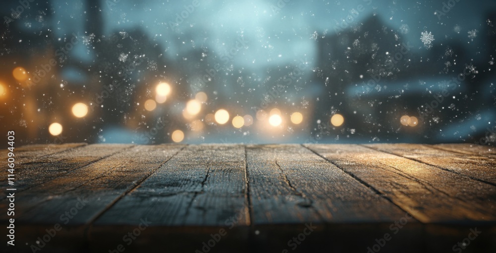 Snowfall and Winter Scene with Blurry Lights Background Captured on a Rustic Wooden Surface Creating a Cozy and Atmospheric Setting Snowfall and Winter Scene with Blurry Lights Background Captured on a Rustic Wooden Surface Creating a Cozy and Atmospheric Setting