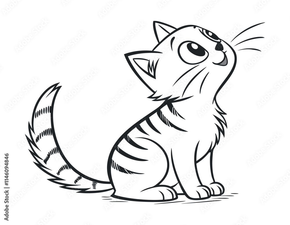 Cute cartoon kitten looking up with big eyes, sitting playfully. Cute cartoon kitten looking up with big eyes, sitting playfully.