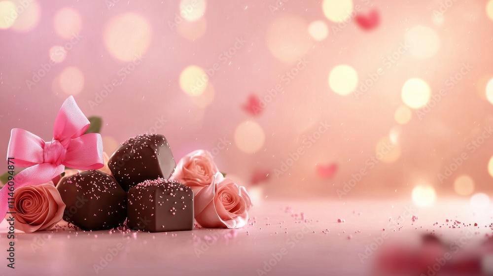 Heart-shaped chocolates with pink ribbon and roses romantic setting Heart-shaped chocolates with pink ribbon and roses romantic setting