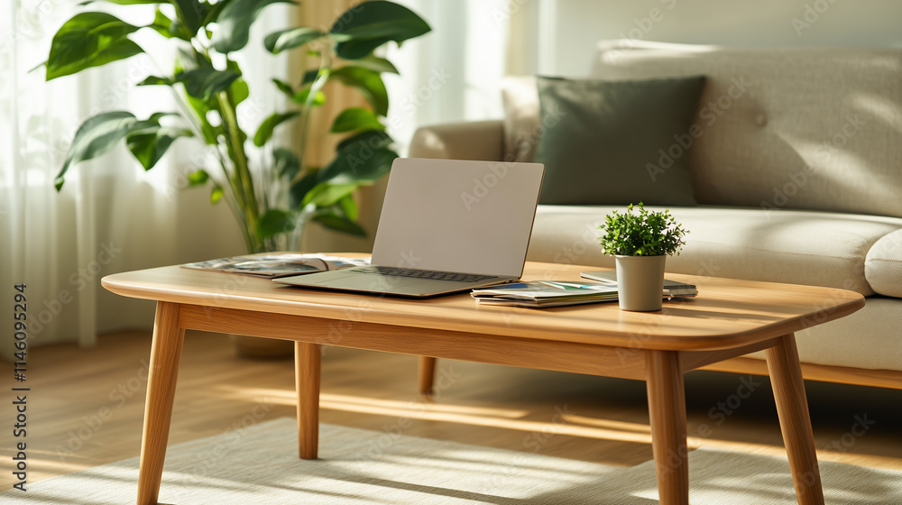 Cozy living room setup with a laptop and houseplant in natural light during the day