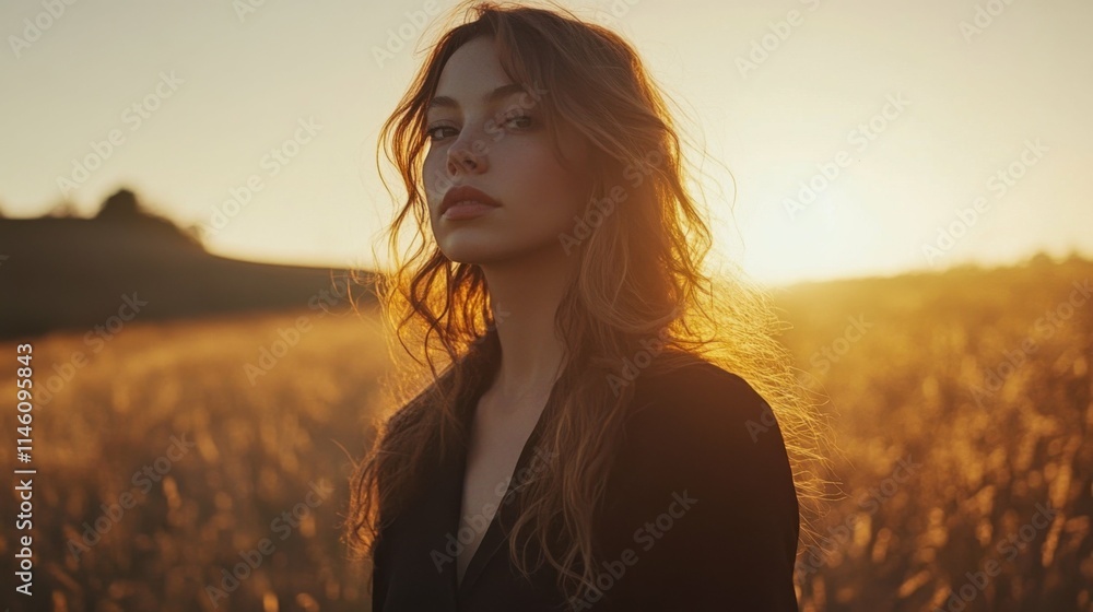Backlit woman standing in a field at sunset, soft golden light illuminating her hair, peaceful and contemplative mood, nature and solitude Backlit woman standing in a field at sunset, soft golden light illuminating her hair, peaceful and contemplative mood, nature and solitude