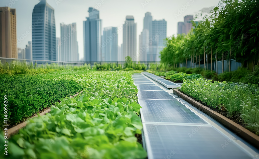 Fototapeta premium A lush rooftop garden in an urban setting featuring rows of greenery and solar panels, promoting eco-friendly and sustainable living.