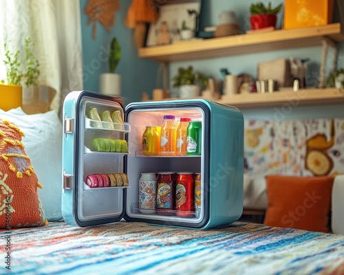 Retro Mini Fridge with Colorful Beverages in Cozy Home, Warm and Welcoming Scene for Advertising Food and Beverage Products