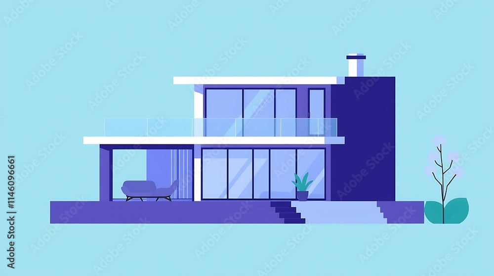Obraz premium This illustration showcases a modern two-story house with a glass balcony, large windows offering abundant natural light, and a minimalist design aesthetic, perfect for illustrating modern...