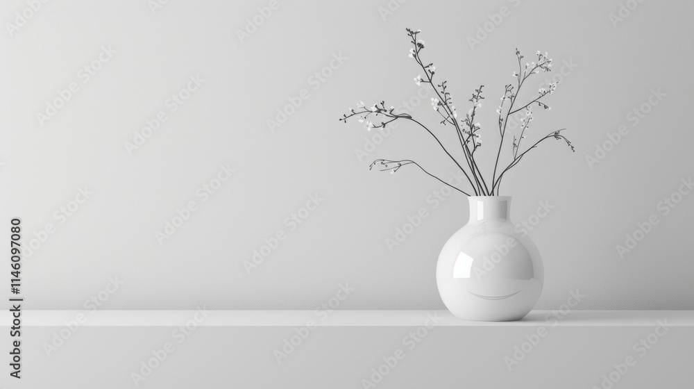 White vase with delicate branches on a minimalist surface White vase with delicate branches on a minimalist surface