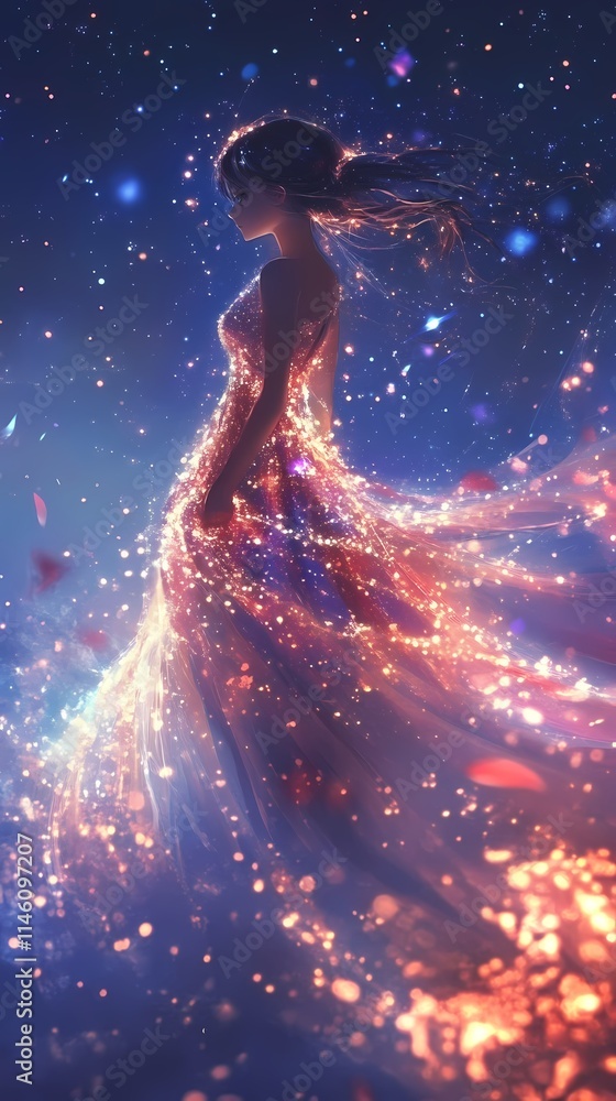 Celestial Maiden: A Dreamlike Anime Girl in a Sparkling Gown Under a Starry Night Celestial Maiden: A Dreamlike Anime Girl in a Sparkling Gown Under a Starry Night