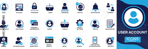 User account icon set. profile, password, login, username, avatar, connect, You can easily change the color.
