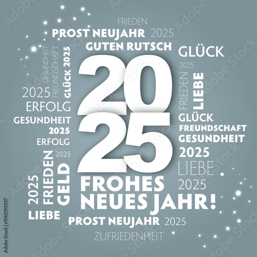 Prost Neujahr - Karte mit wünschen zum neuen Jahr - deutscher Text silberner Hintergrund