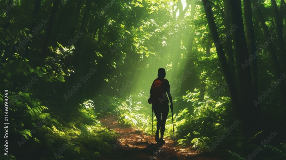 Female hiker in dense forest, peaceful ambiance, lush greenery, natural lighting, serene outdoor adventure Female hiker in dense forest, peaceful ambiance, lush greenery, natural lighting, serene outdoor adventure