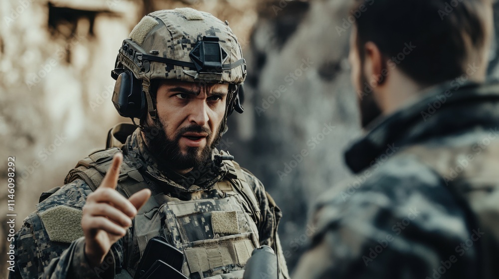 Fototapeta premium War correspondent interviewing soldier in conflict zone, dramatic scene with intense expressions, dynamic storytelling