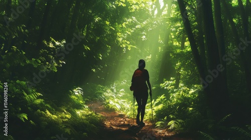 Female hiker in dense forest, peaceful ambiance, lush greenery, natural lighting, serene outdoor adventure