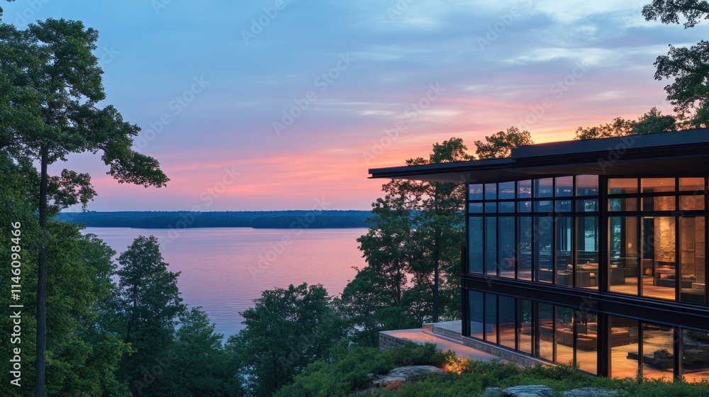 Contemporary architecture sunset view of a calm lake surrounded by lush greenery. Contemporary architecture sunset view of a calm lake surrounded by lush greenery.