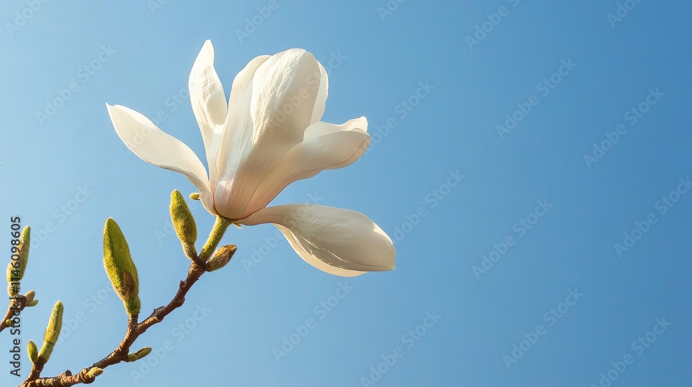 A single white magnolia blossom on a tree branch, low-angle shot, Nature style A single white magnolia blossom on a tree branch, low-angle shot, Nature style