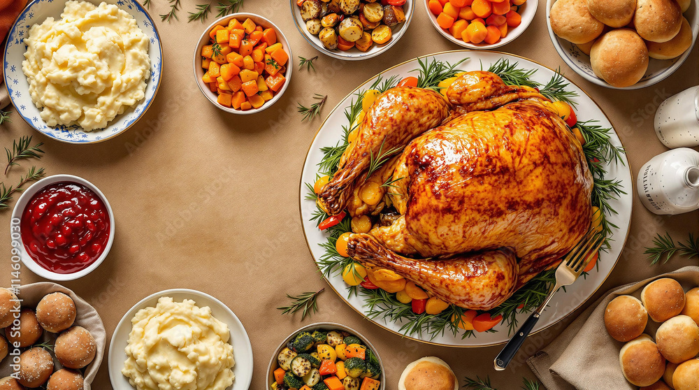 Holiday Roast Turkey Dinner Flat Lay with Mashed Potatoes and Cranberry Sauce Holiday Roast Turkey Dinner Flat Lay with Mashed Potatoes and Cranberry Sauce