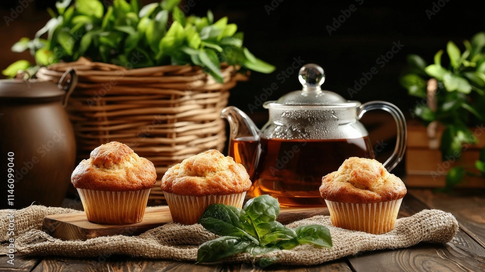 A rustic table set with freshly baked muffins and a pot of tea. A rustic table set with freshly baked muffins and a pot of tea.