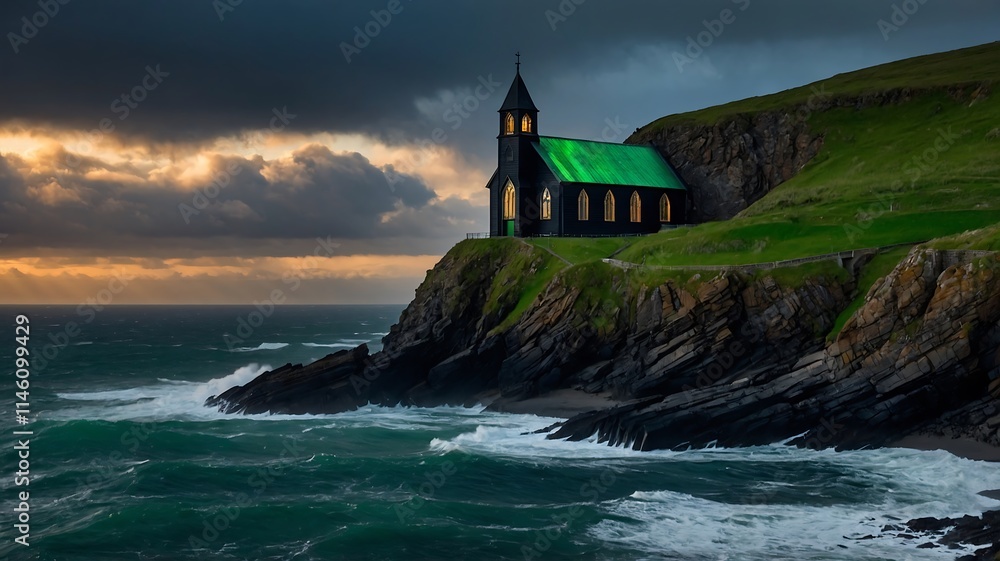 Secluded Coastal Church at Sunset Secluded Coastal Church at Sunset