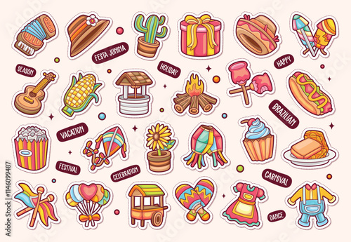 Festa Junina Sticker Icons Hand Drawn Coloring Vector
