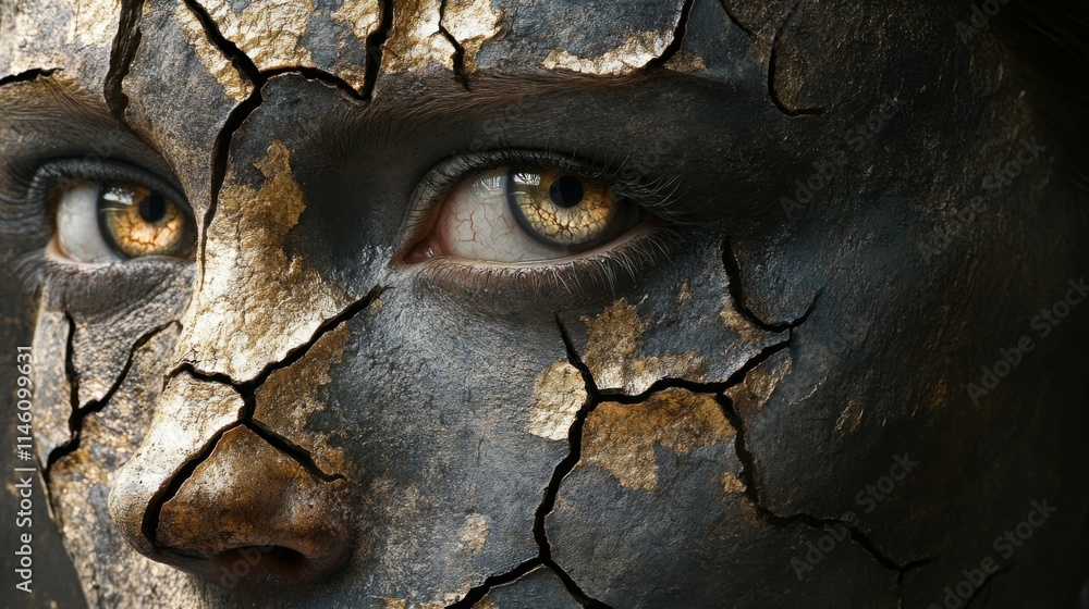 face covered in cracked texture, resembling dried earth, haunting and ethereal, eyes filled with sorrow, surreal and emotional portrait, warm and muted tones face covered in cracked texture, resembling dried earth, haunting and ethereal, eyes filled with sorrow, surreal and emotional portrait, warm and muted tones